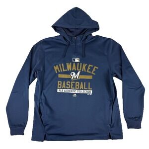 Milwaukee Brewers Majestic Hoodie Sweatshirt Navy Blue MLB Size Large